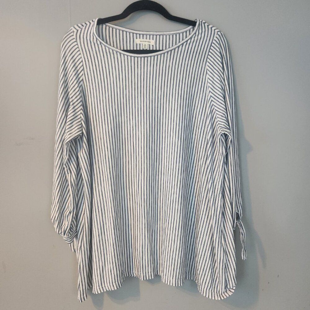 Max Studio Striped Bluse Blue White 1X Coastal Cottage Euro Summer East Coast